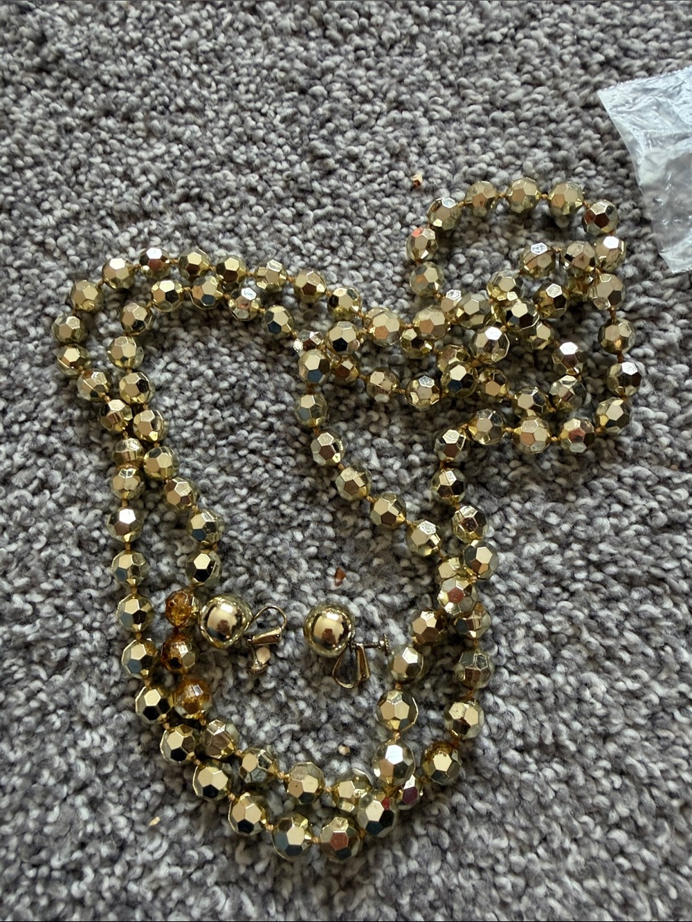 Gold Faceted Bead Necklace and Stud clip on Earring Set Mid Century Vintage
